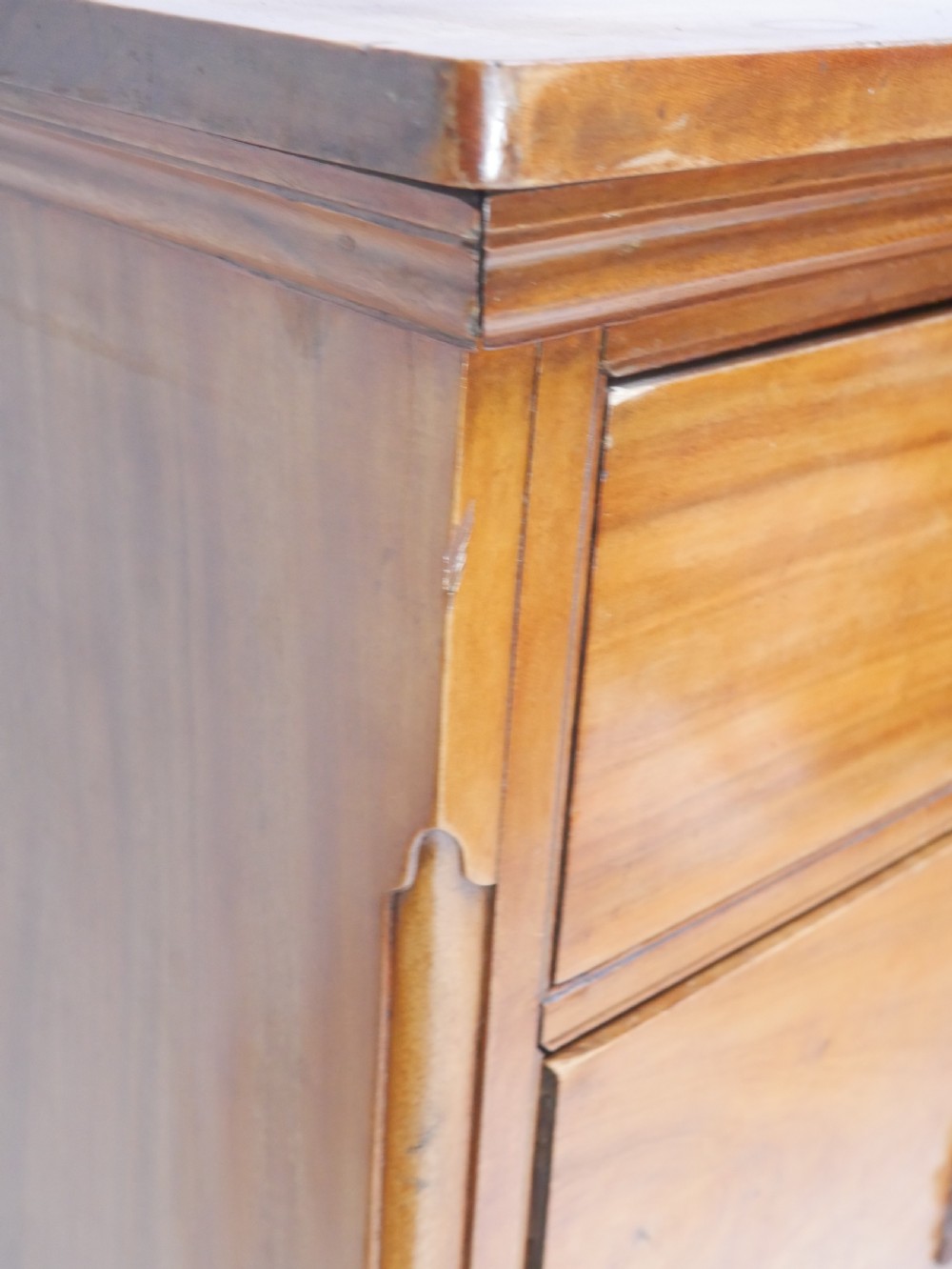 A 19th-century warm brown wooden tallboy chest featuring two short drawers over three long drawers with intricate carved foliate handles. View XIII