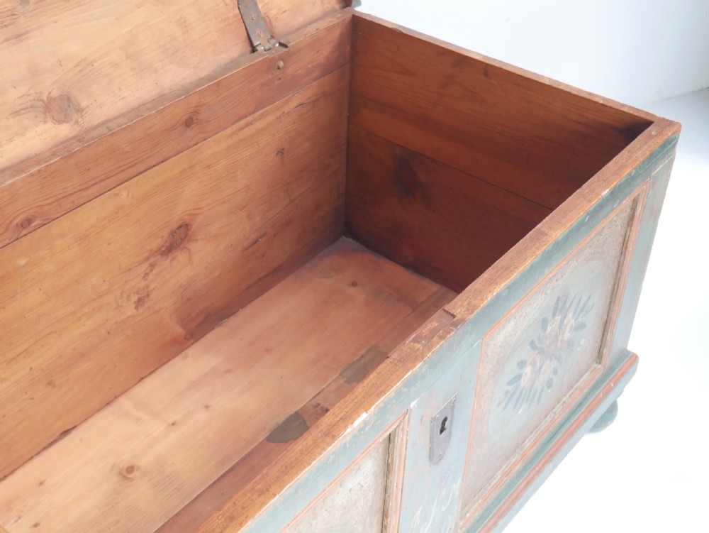 A 19th-century Swedish painted wooden coffer chest featuring green paint, oval floral medallions, moulded framing, and hand-painted initials dated 1810. View VIII