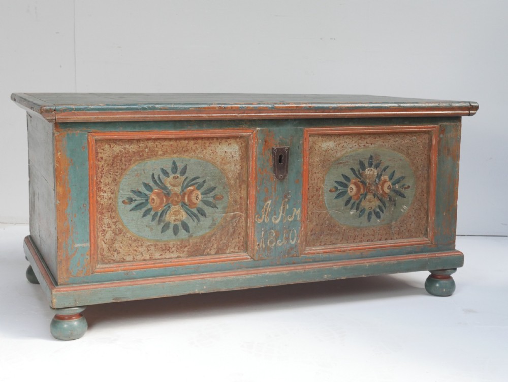 A 19th-century Swedish painted wooden coffer chest featuring green paint, oval floral medallions, moulded framing, and hand-painted initials dated 1810. View XIII