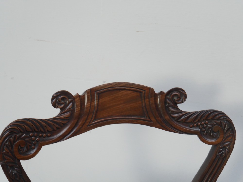 Pair of Regency mahogany side chairs with blue fabric seats and turned reeded legs. View VII