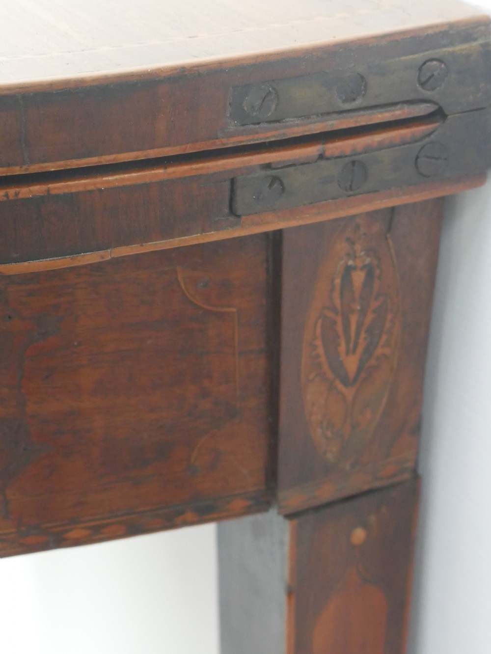 A Scottish Georgian mahogany demi-lune fold-over side table with inlaid square tapered legs. View IX