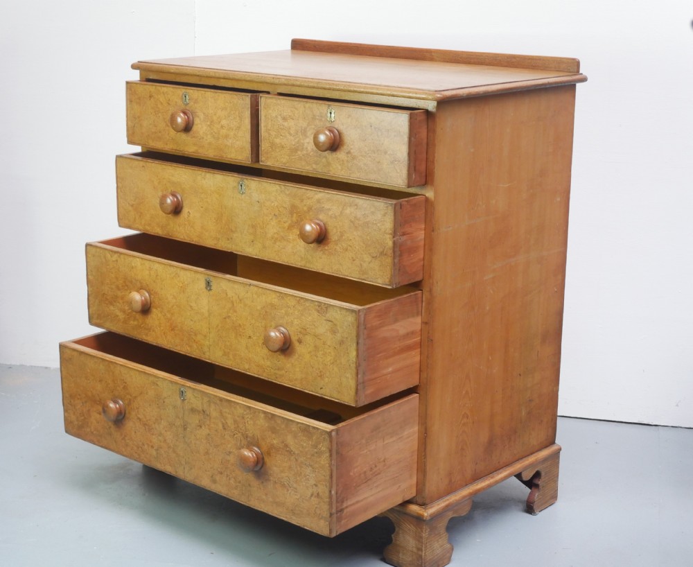 An antique burr ash chest of drawers featuring two short over three long graduated drawers with turned wooden knobs and bracket feet. View IV