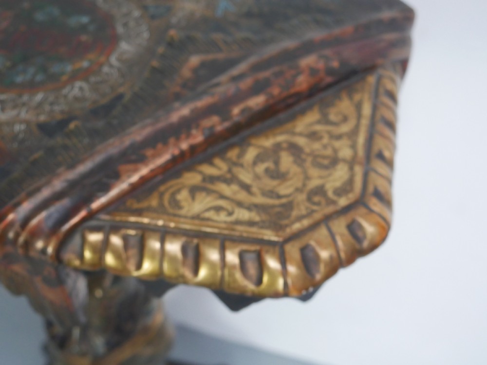 A 19th-century carved polychrome and gilded wooden Venetian side table depicting a figural stand supporting a draped canopy top with hanging tassels. View IV
