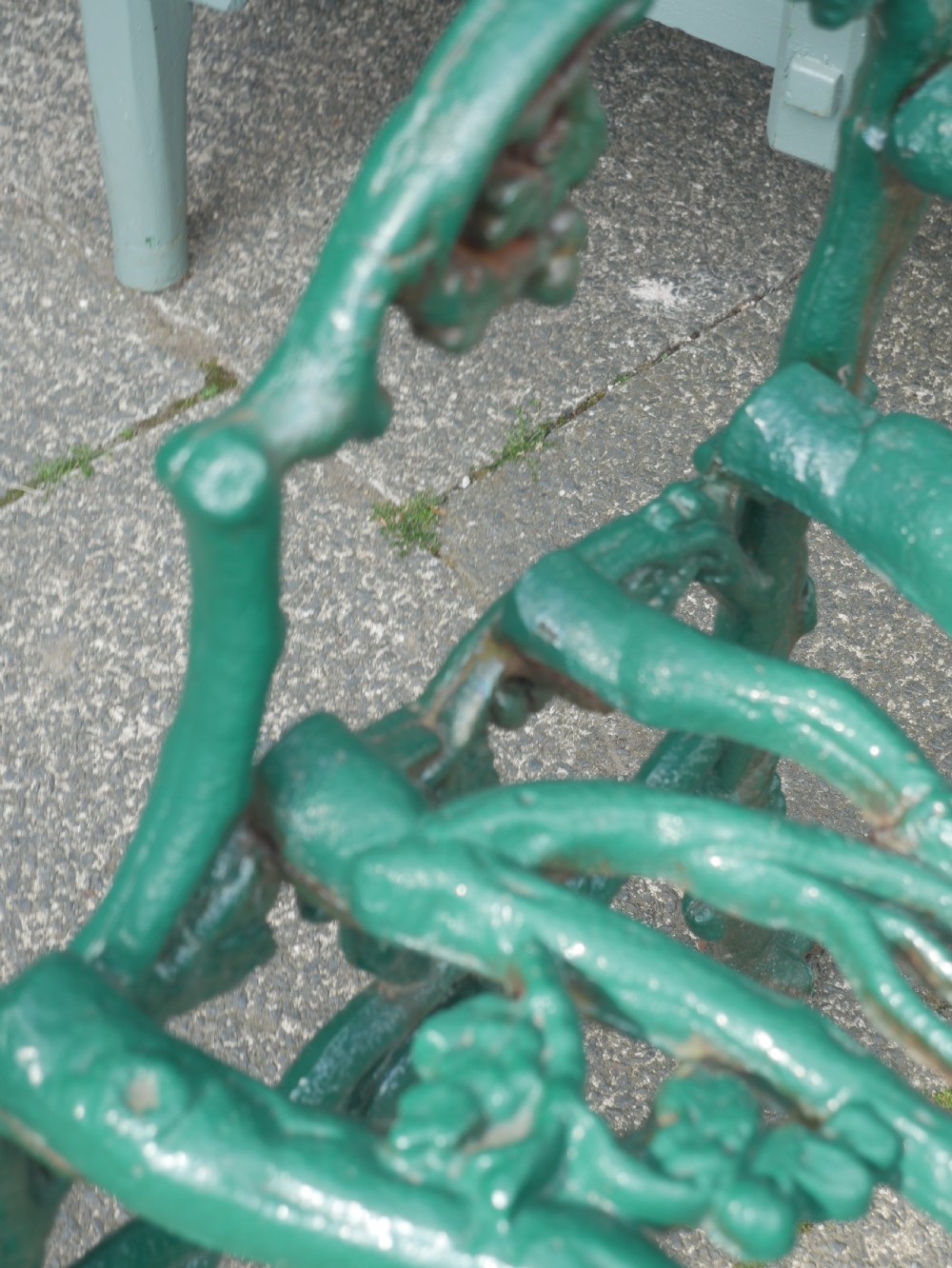 A green painted Victorian cast iron garden bench featuring a naturalistic organic branch and twig pattern. View IX