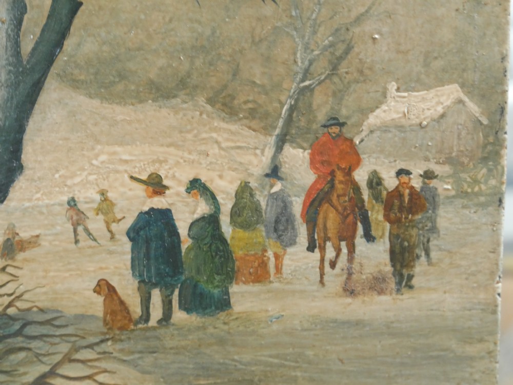 A small Dutch style oil painting featuring a muted winter landscape with bare trees, snow-covered buildings, and figures in period attire. View II