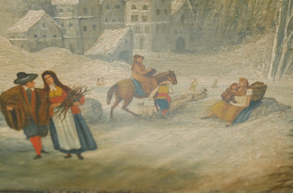 A small Dutch style oil painting featuring a muted winter landscape with bare trees, snow-covered buildings, and figures in period attire. View III