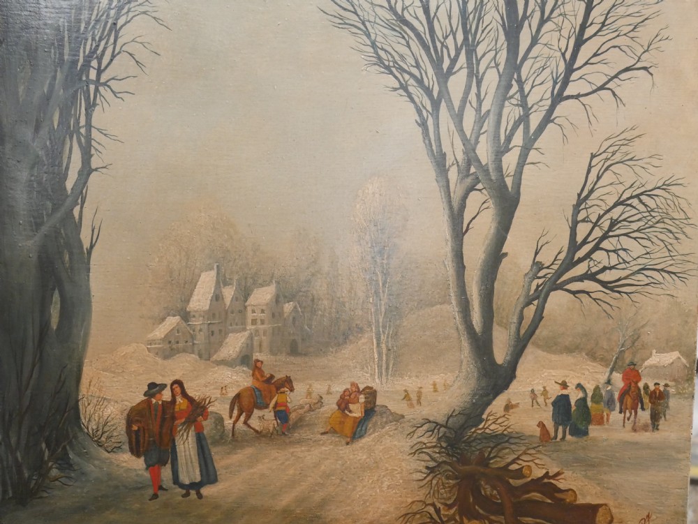 A small Dutch style oil painting featuring a muted winter landscape with bare trees, snow-covered buildings, and figures in period attire. View IV