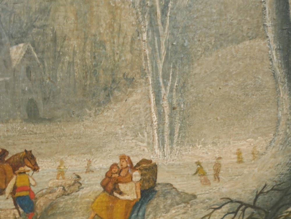A small Dutch style oil painting featuring a muted winter landscape with bare trees, snow-covered buildings, and figures in period attire. View V