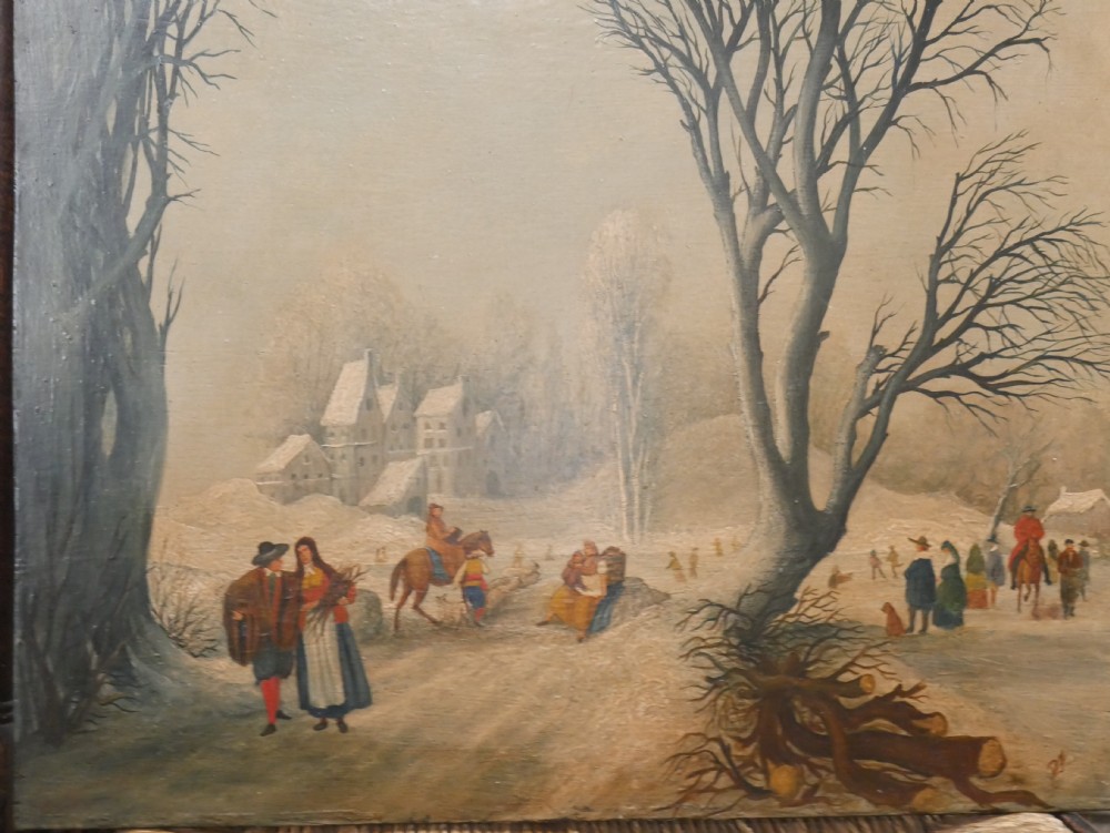 A small Dutch style oil painting featuring a muted winter landscape with bare trees, snow-covered buildings, and figures in period attire. View VIII