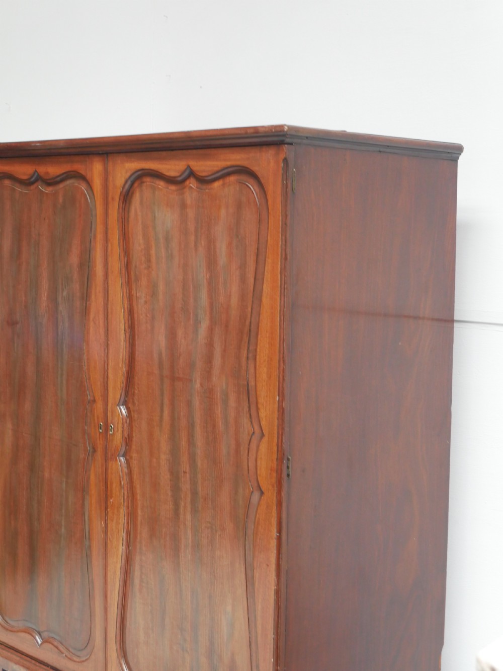 A Georgian mahogany double-door hanging wardrobe featuring shaped curvilinear door panels and sturdy bracket feet. View X