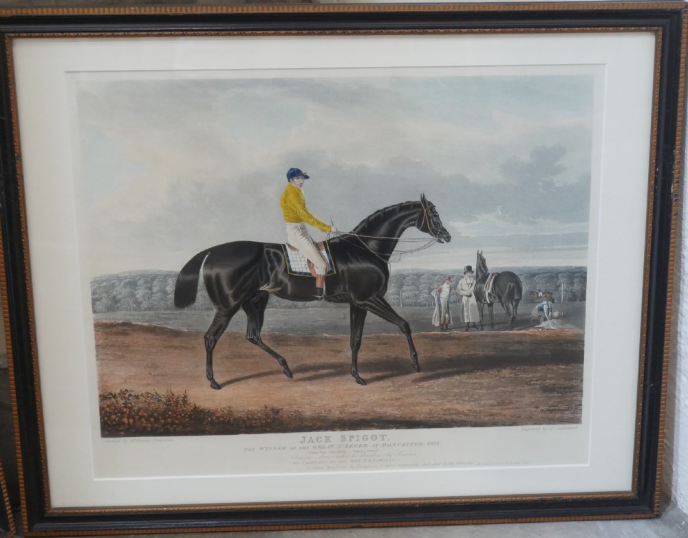 Set of five framed antique colour engravings depicting racehorses with jockeys in landscape settings. View II