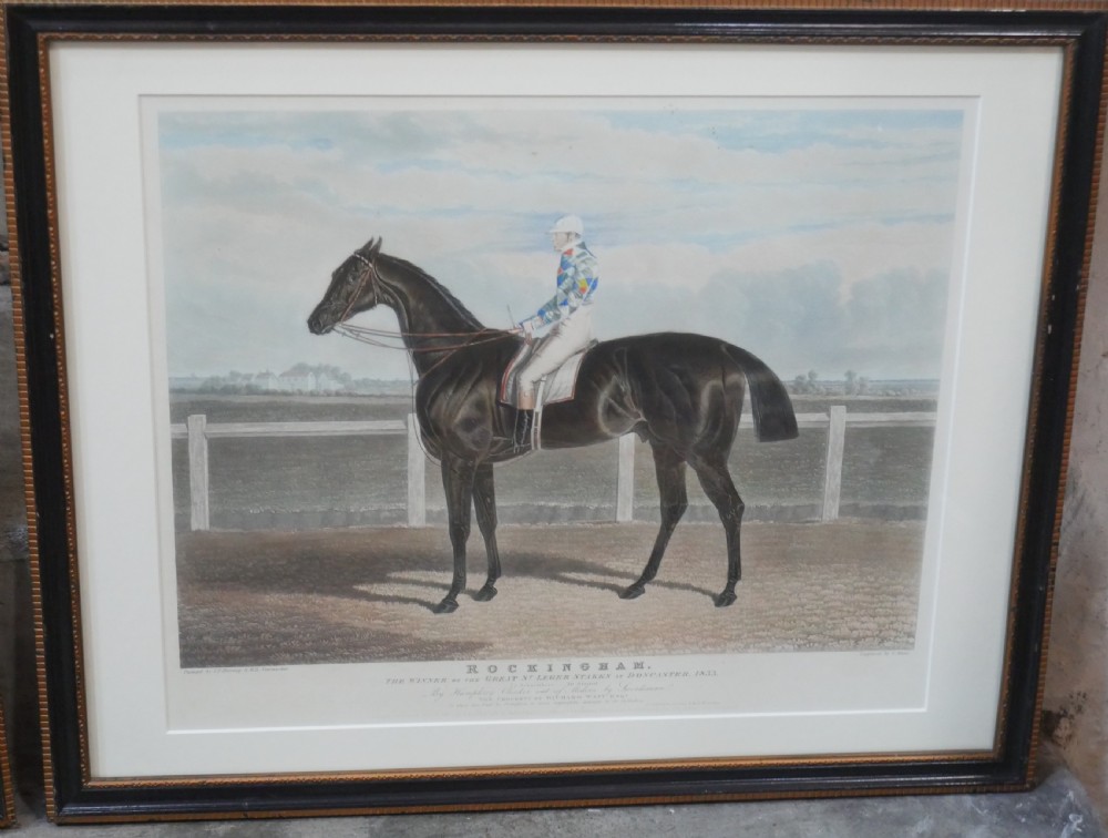 Set of five framed antique colour engravings depicting racehorses with jockeys in landscape settings. View III