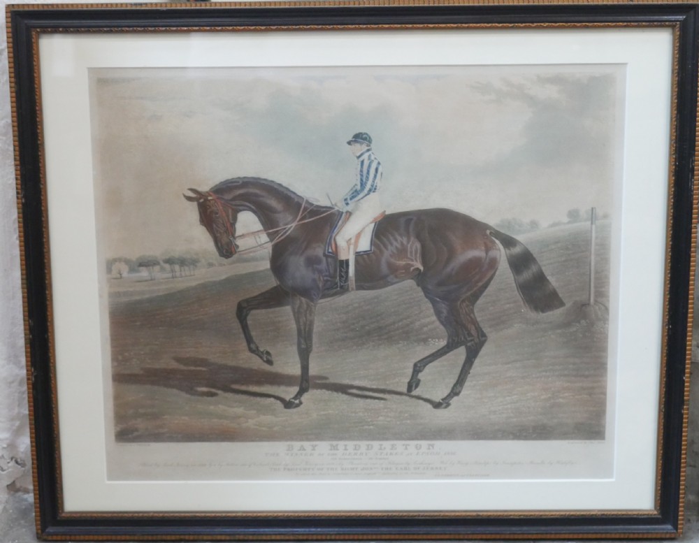 Set of five framed antique colour engravings depicting racehorses with jockeys in landscape settings. View V