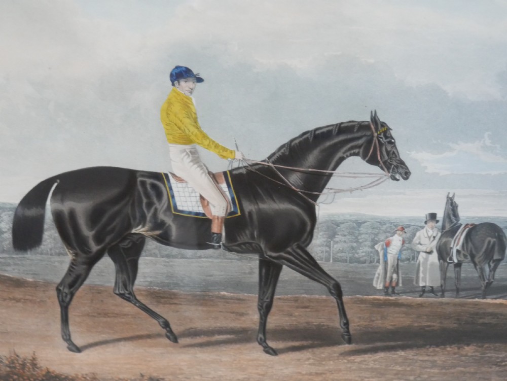 Set of five framed antique colour engravings depicting racehorses with jockeys in landscape settings. View VII