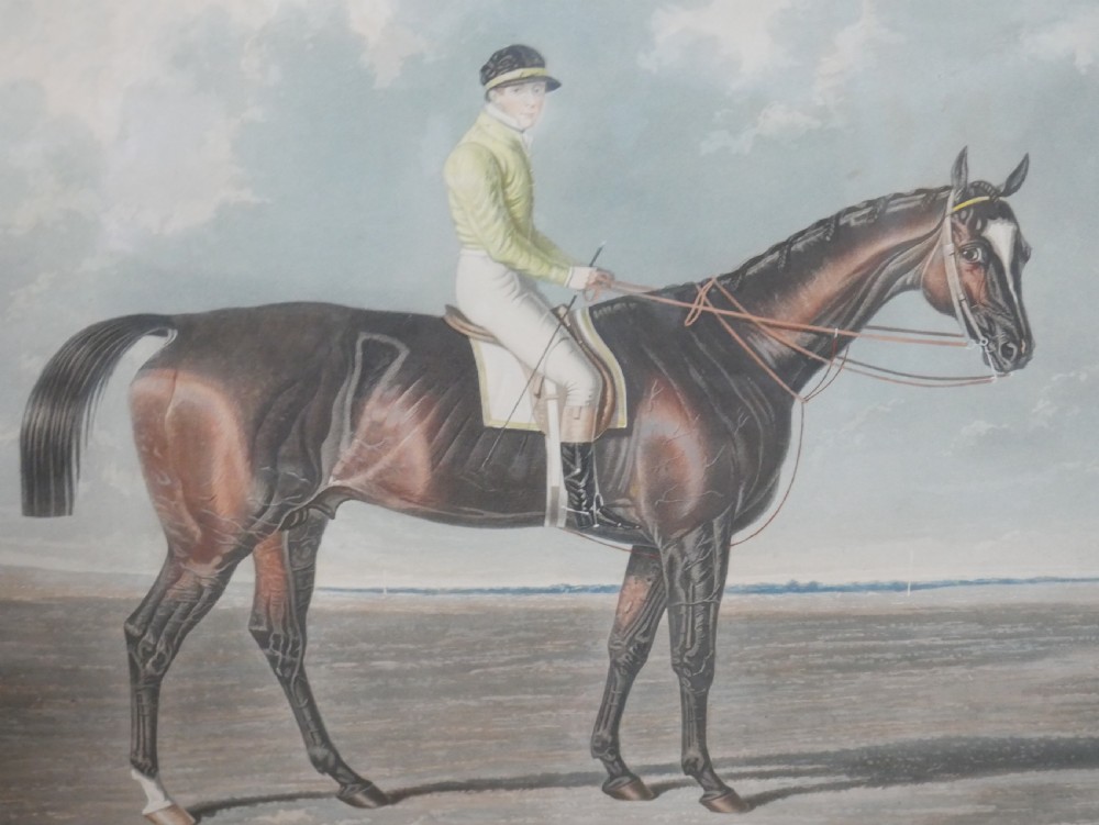 Set of five framed antique colour engravings depicting racehorses with jockeys in landscape settings. View VIII