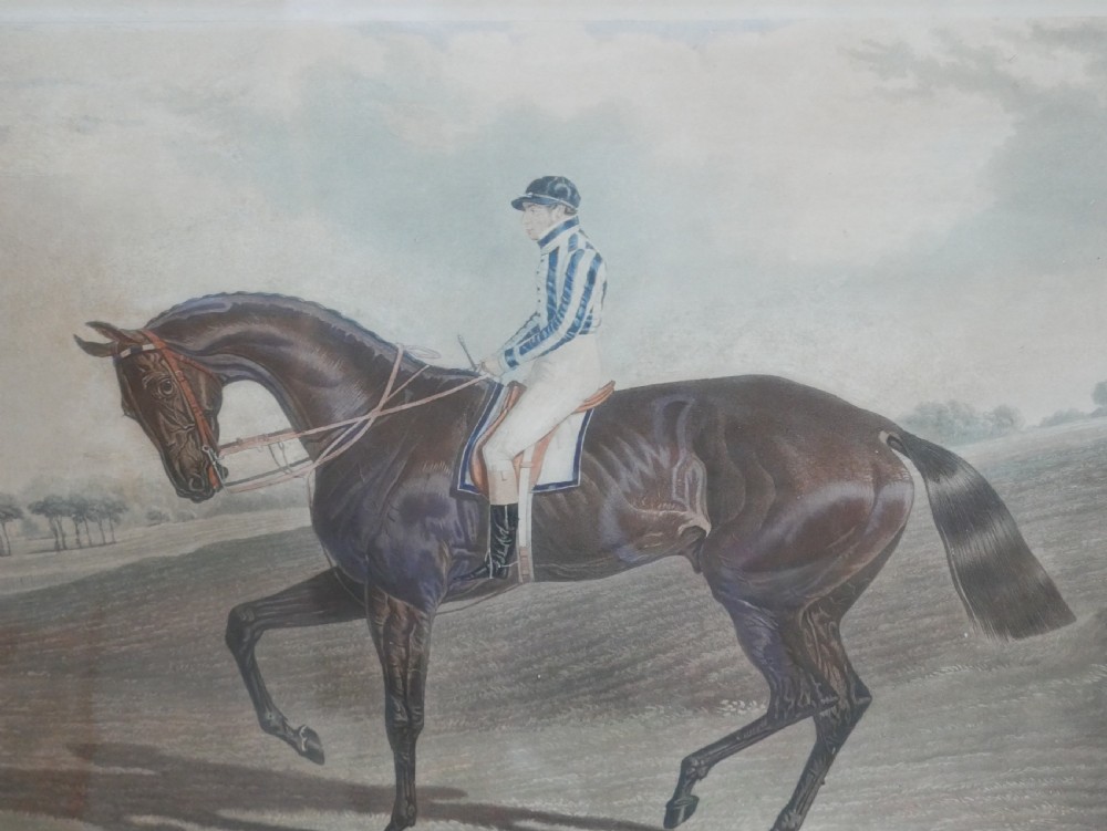 Set of five framed antique colour engravings depicting racehorses with jockeys in landscape settings. View IX