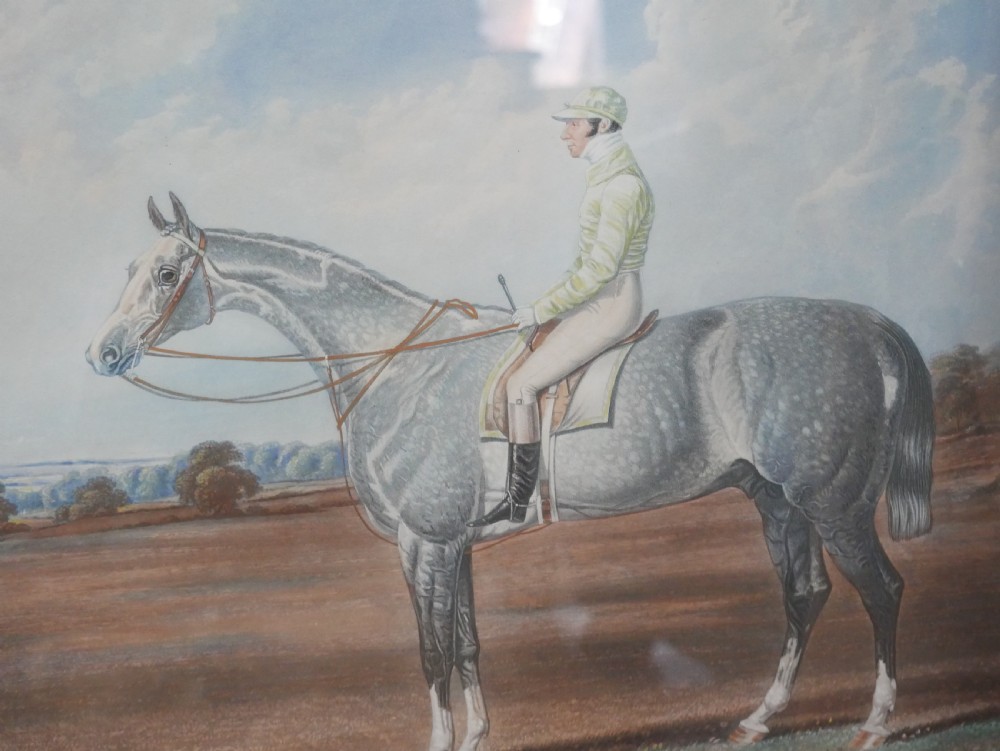 Set of five framed antique colour engravings depicting racehorses with jockeys in landscape settings. View X