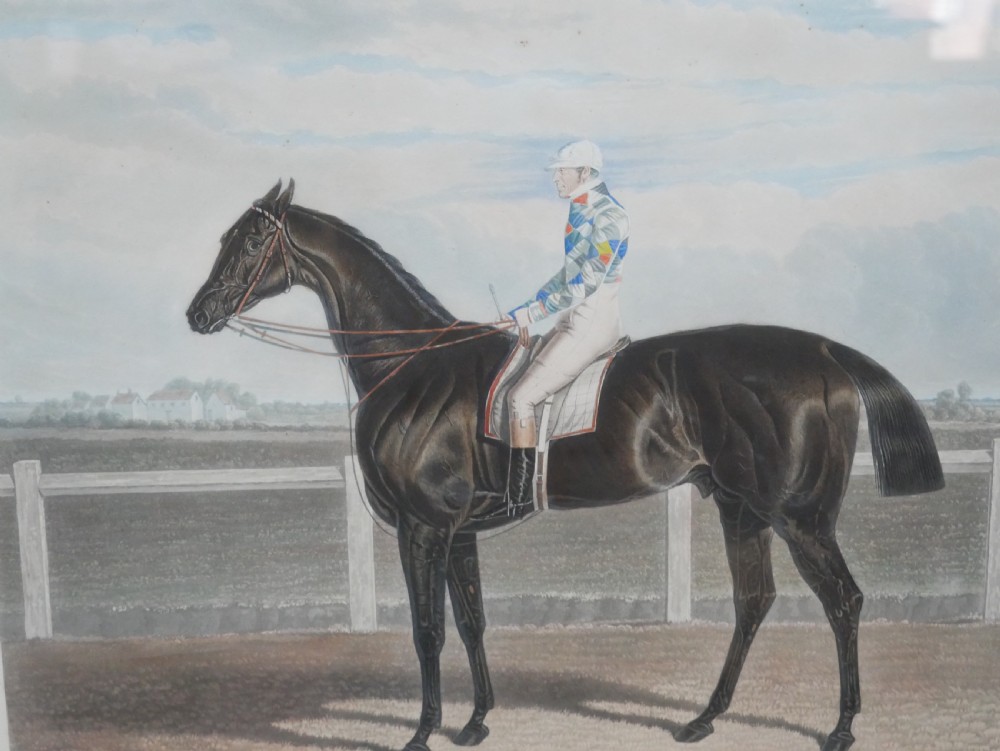 Set of five framed antique colour engravings depicting racehorses with jockeys in landscape settings. View XI