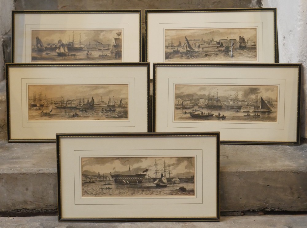 A set of five framed monochrome maritime engravings depicting 19th-century ships and London docks, each mounted in cream board with thin dark frames.