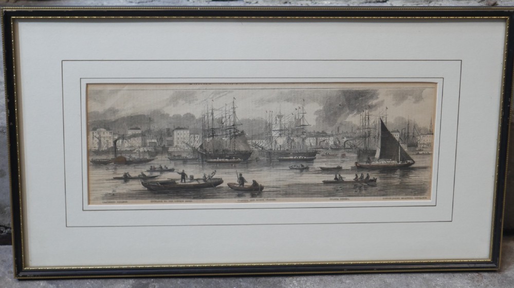 A set of five framed monochrome maritime engravings depicting 19th-century ships and London docks, each mounted in cream board with thin dark frames. View III