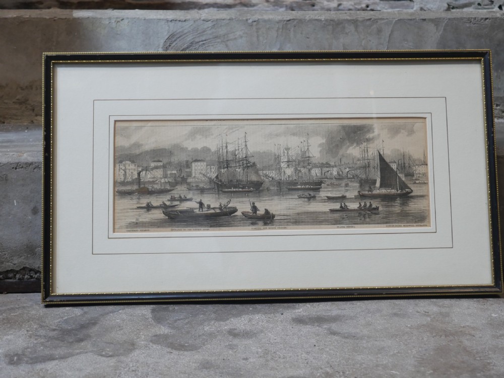 A set of five framed monochrome maritime engravings depicting 19th-century ships and London docks, each mounted in cream board with thin dark frames. View IV