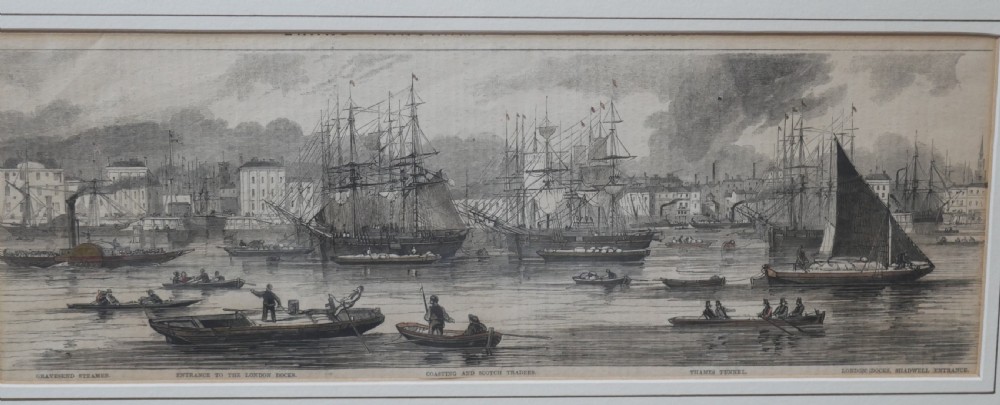 A set of five framed monochrome maritime engravings depicting 19th-century ships and London docks, each mounted in cream board with thin dark frames. View V