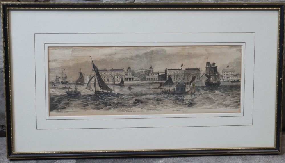 A set of five framed monochrome maritime engravings depicting 19th-century ships and London docks, each mounted in cream board with thin dark frames. View VI