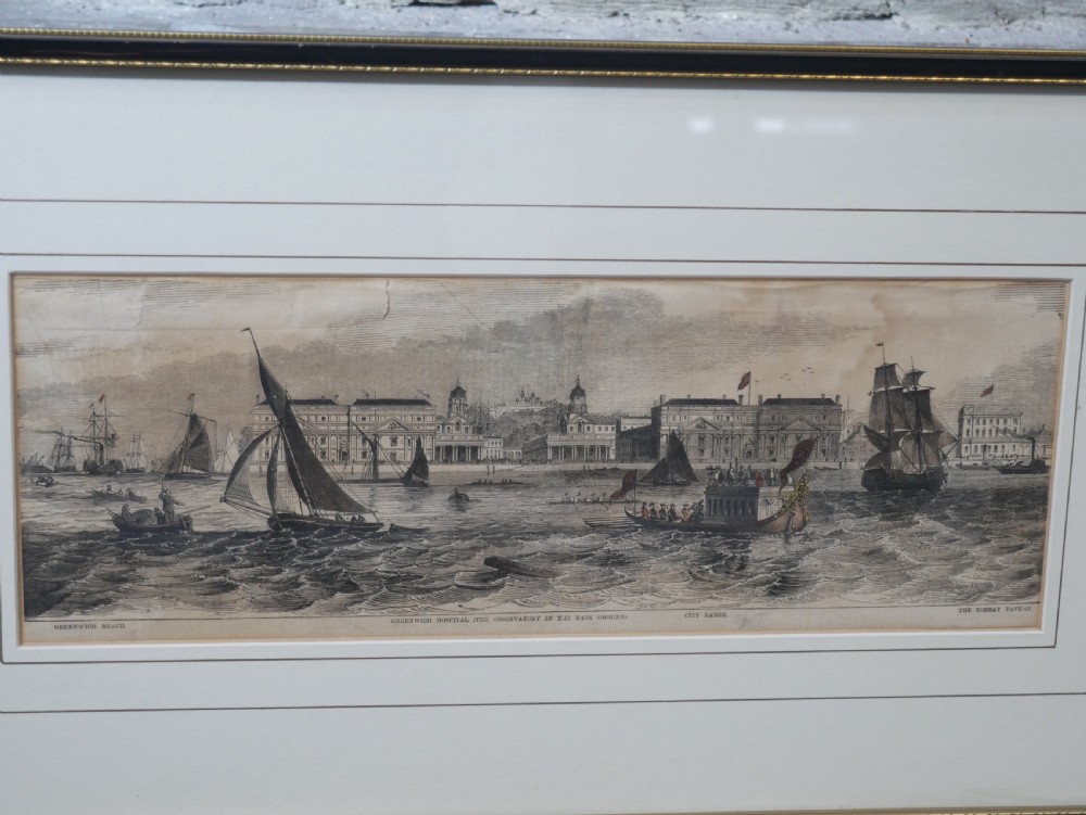 A set of five framed monochrome maritime engravings depicting 19th-century ships and London docks, each mounted in cream board with thin dark frames. View VII