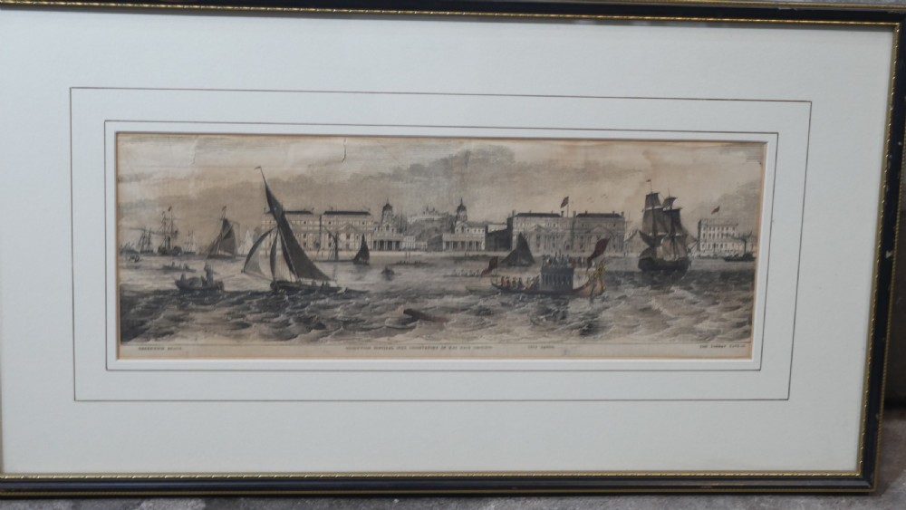 A set of five framed monochrome maritime engravings depicting 19th-century ships and London docks, each mounted in cream board with thin dark frames. View VIII