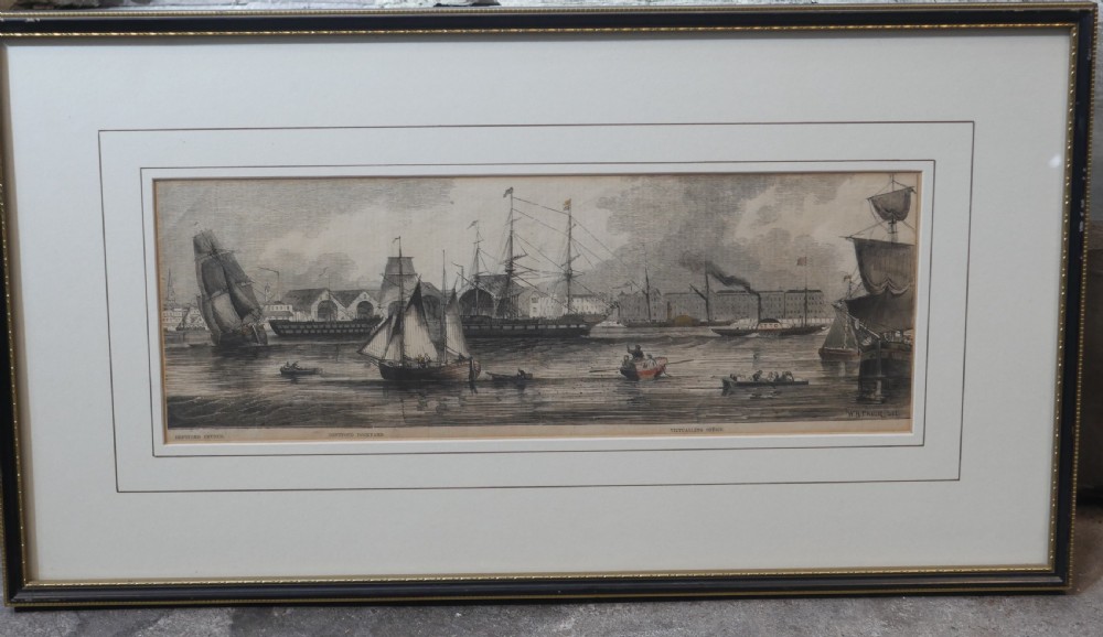 A set of five framed monochrome maritime engravings depicting 19th-century ships and London docks, each mounted in cream board with thin dark frames. View IX