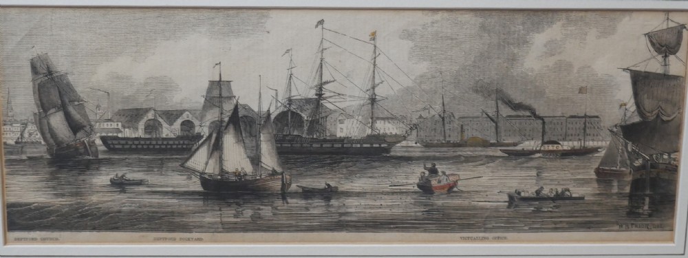 A set of five framed monochrome maritime engravings depicting 19th-century ships and London docks, each mounted in cream board with thin dark frames. View X