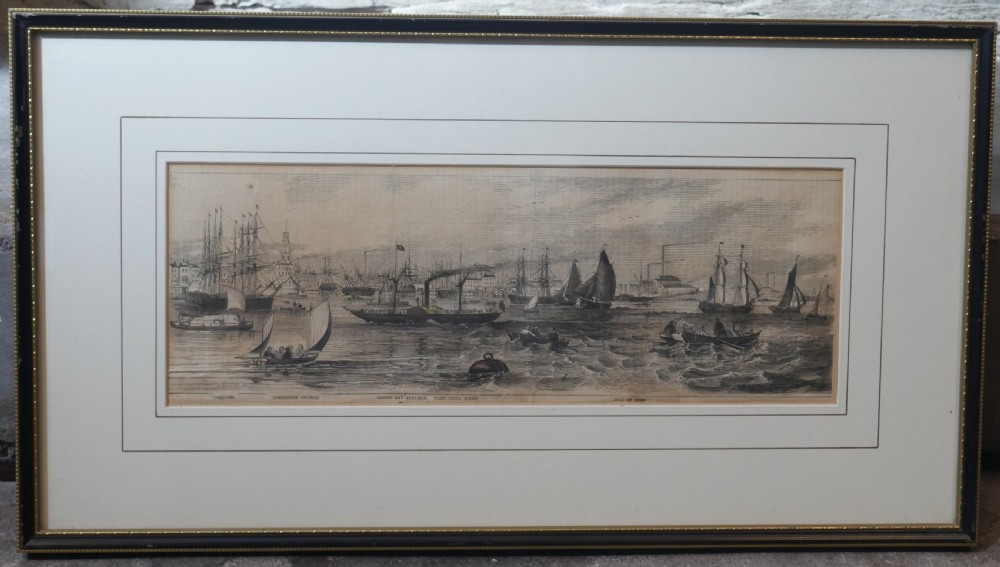 A set of five framed monochrome maritime engravings depicting 19th-century ships and London docks, each mounted in cream board with thin dark frames. View XII