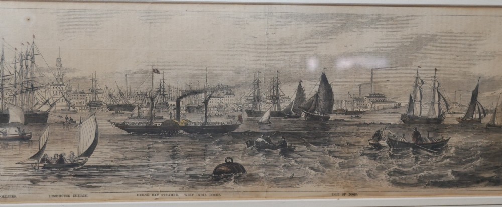 A set of five framed monochrome maritime engravings depicting 19th-century ships and London docks, each mounted in cream board with thin dark frames. View XIII