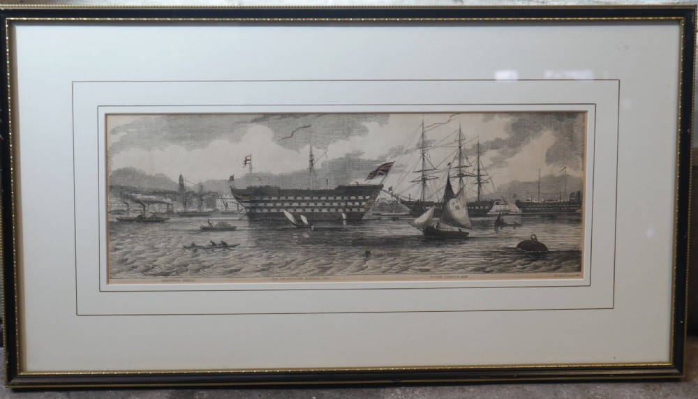 A set of five framed monochrome maritime engravings depicting 19th-century ships and London docks, each mounted in cream board with thin dark frames. View XIV