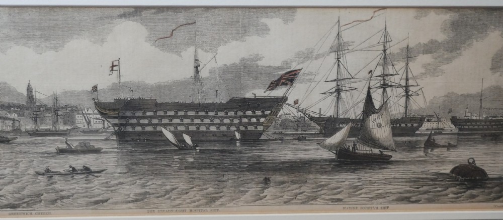 A set of five framed monochrome maritime engravings depicting 19th-century ships and London docks, each mounted in cream board with thin dark frames. View XV