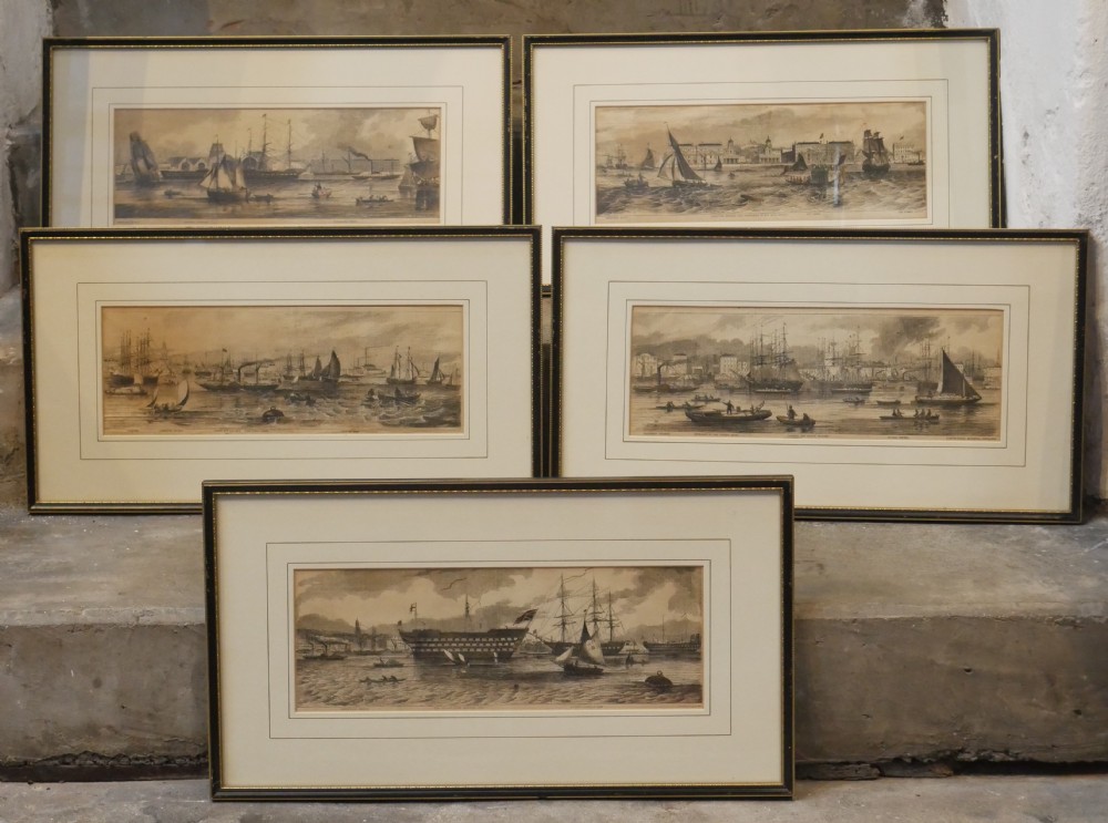 A set of five framed monochrome maritime engravings depicting 19th-century ships and London docks, each mounted in cream board with thin dark frames. View II