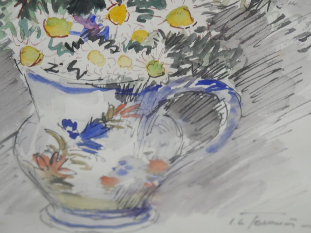 A framed floral watercolour still life painting depicting a bouquet of summer wildflowers in a ceramic jug within a carved giltwood frame. View IV