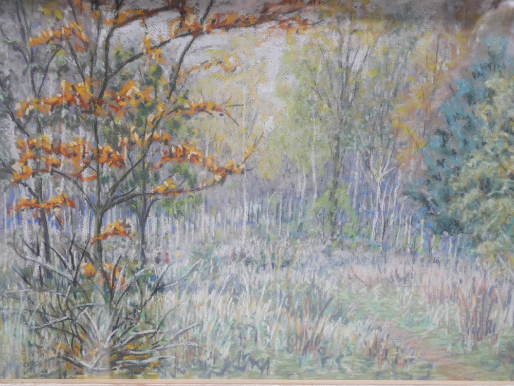 An antique pastel painting depicting an autumn woodland landscape, presented within a carved off-white frame. View III