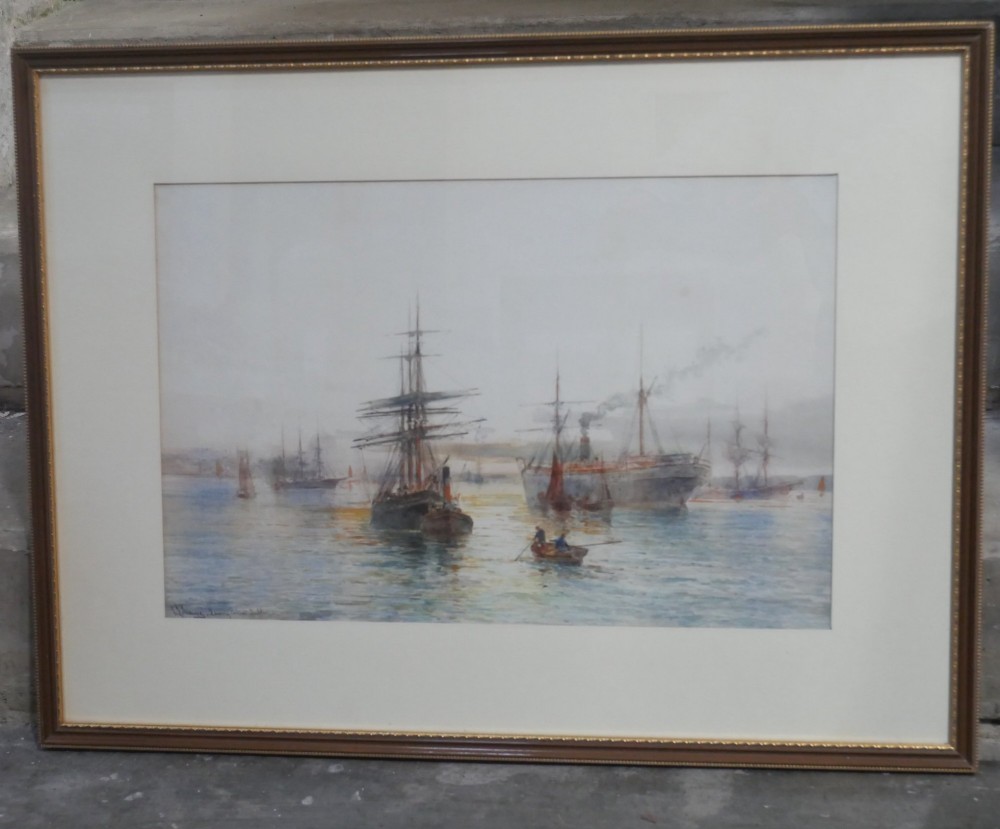 A framed watercolour painting depicting tall ships and steam vessels navigating through Dublin Bay port.