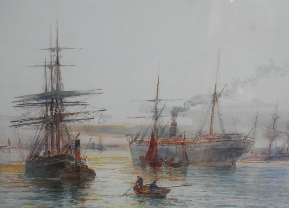 A framed watercolour painting depicting tall ships and steam vessels navigating through Dublin Bay port. View II