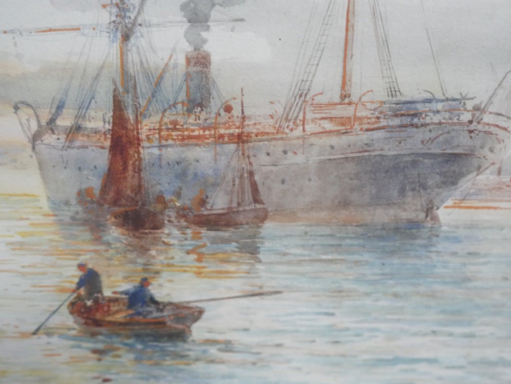 A framed watercolour painting depicting tall ships and steam vessels navigating through Dublin Bay port. View III