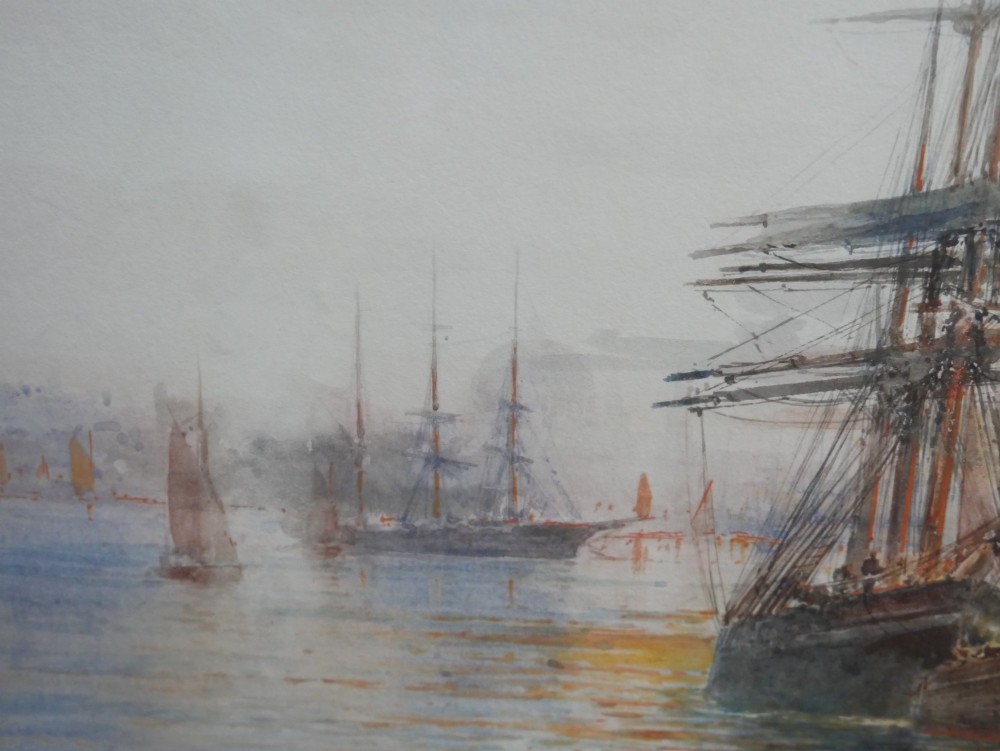 A framed watercolour painting depicting tall ships and steam vessels navigating through Dublin Bay port. View IV