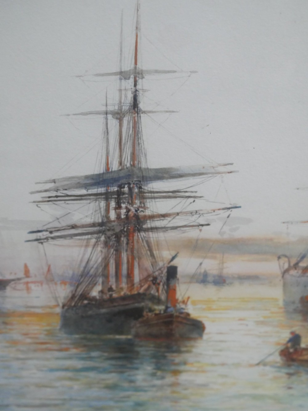 A framed watercolour painting depicting tall ships and steam vessels navigating through Dublin Bay port. View V