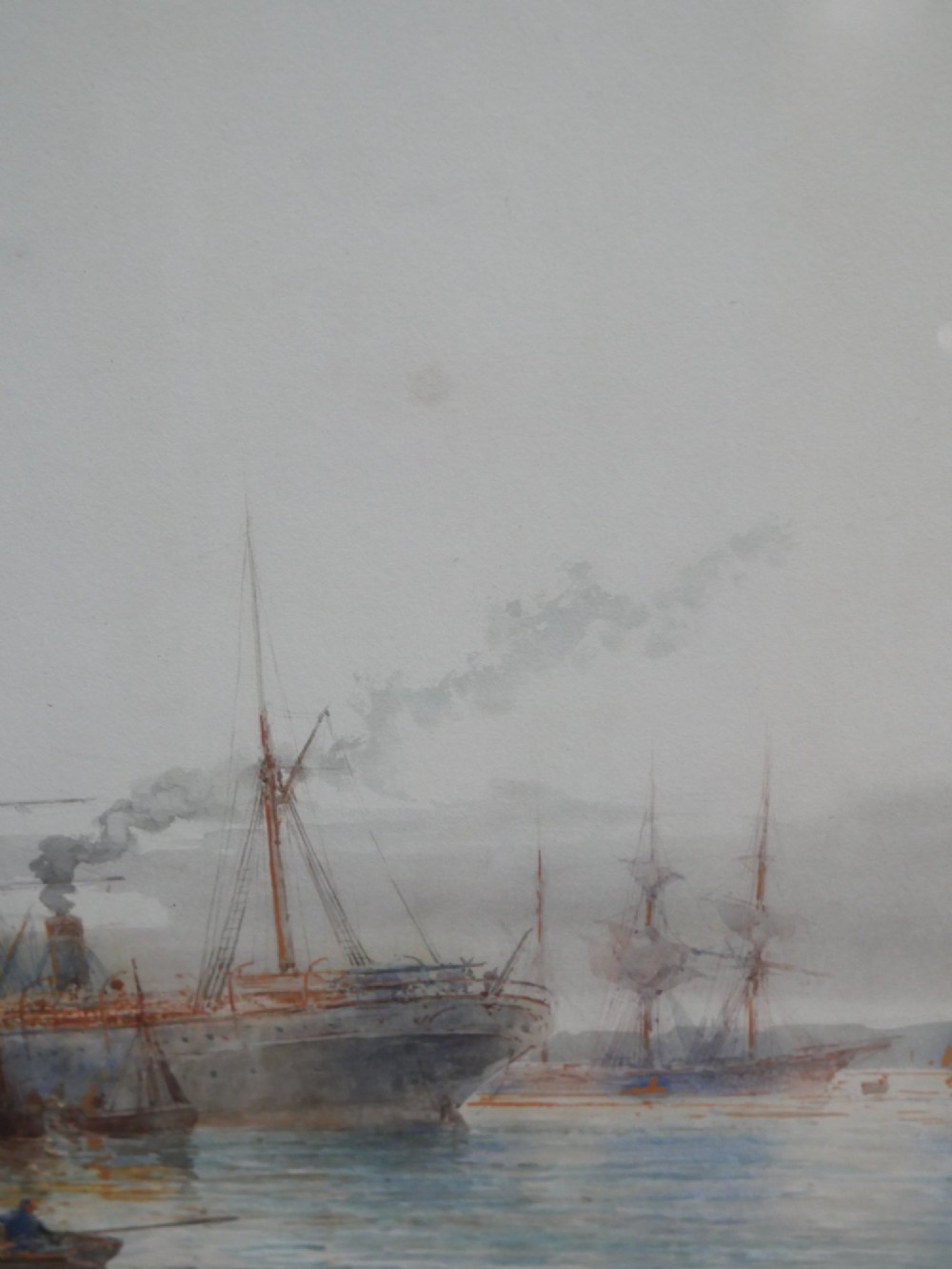 A framed watercolour painting depicting tall ships and steam vessels navigating through Dublin Bay port. View VI