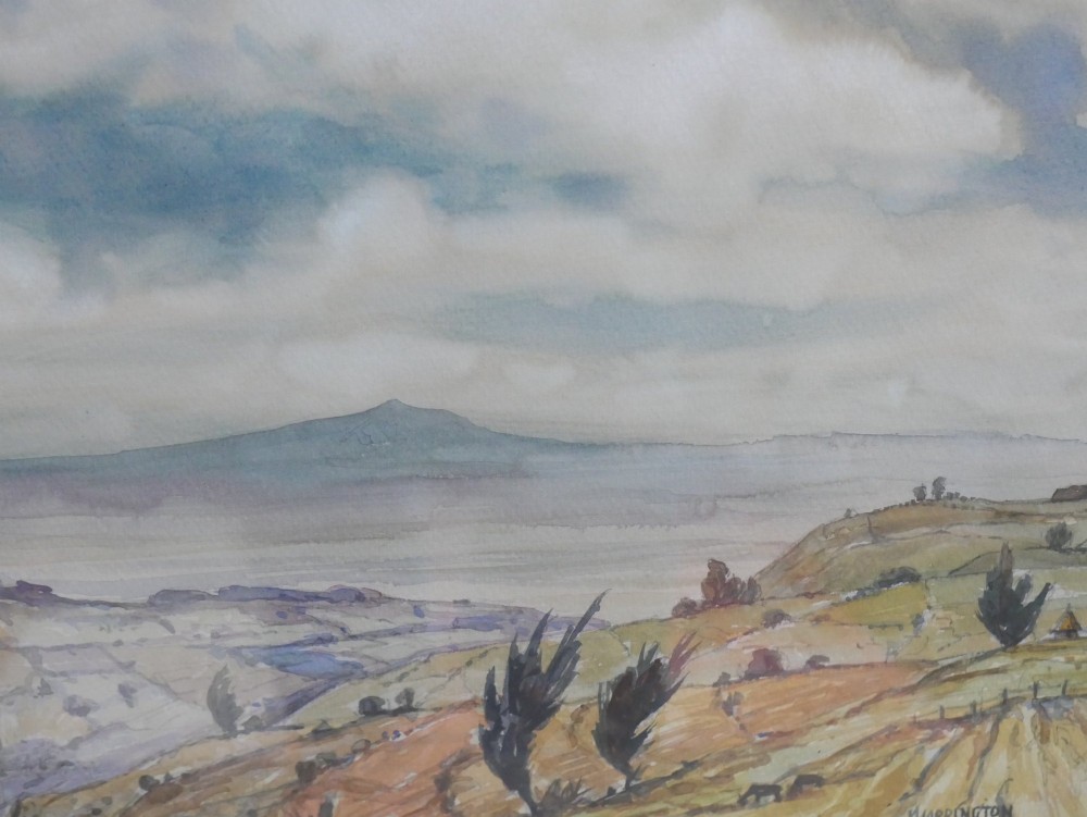 A framed mid-century watercolour landscape depicting Mount Longonot in Kenya with rolling ochre fields beneath a cloudy sky. View II