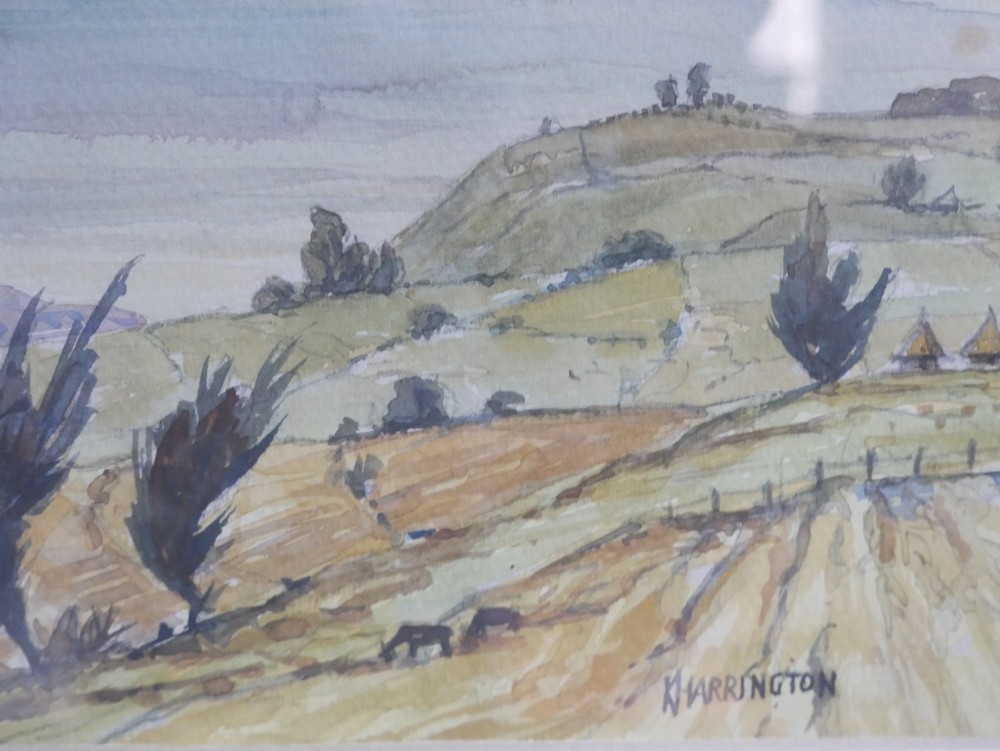 A framed mid-century watercolour landscape depicting Mount Longonot in Kenya with rolling ochre fields beneath a cloudy sky. View III