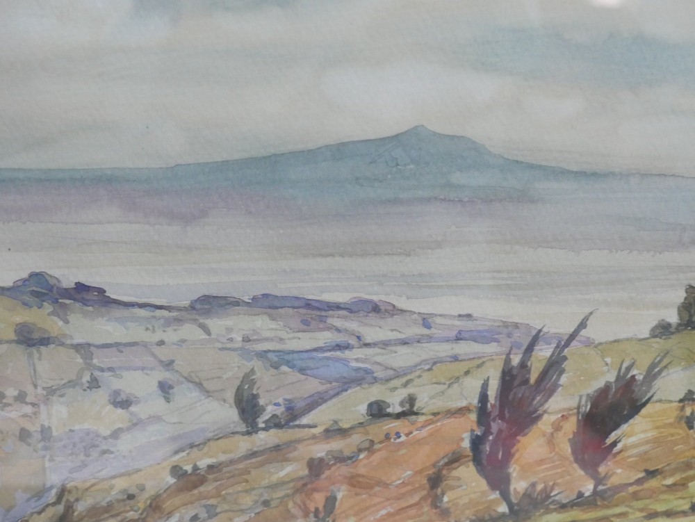 A framed mid-century watercolour landscape depicting Mount Longonot in Kenya with rolling ochre fields beneath a cloudy sky. View IV