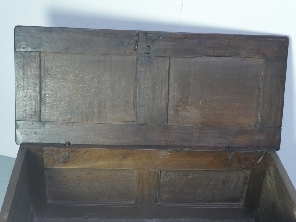 A dark brown oak coffer featuring a carved fluted frieze, double front panels, and a hinged lid with carved geometric border details. View III