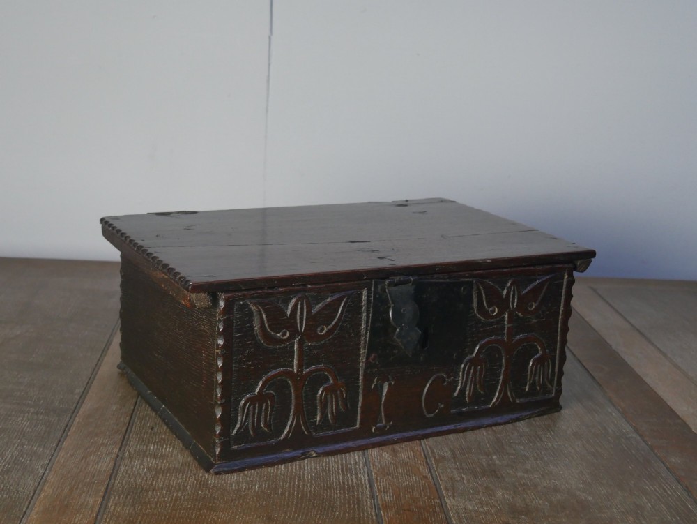 A dark carved oak box with hand-carved botanical motifs on the front panel and a central iron lockplate. View II