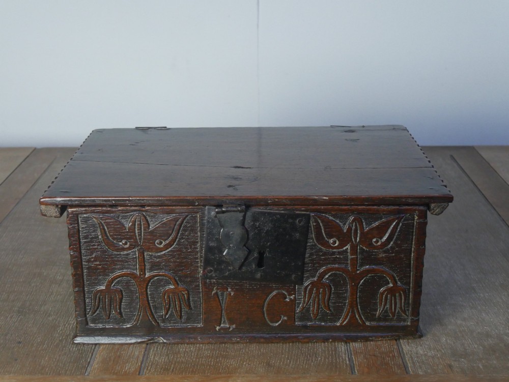 A dark carved oak box with hand-carved botanical motifs on the front panel and a central iron lockplate. View III